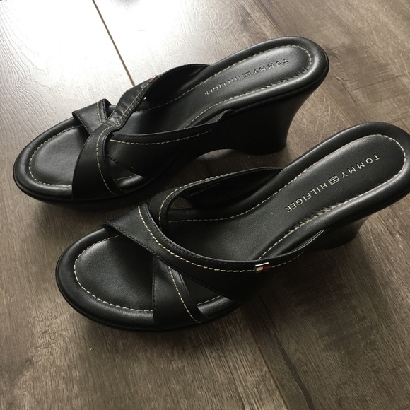 tommy hilfiger black wedge sandals